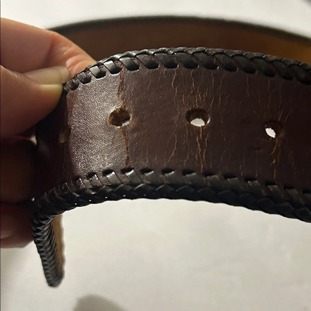 Western Snake Print Brown Leather Belt with Woven Design - Picture 5 of 8